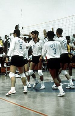 The Air Force team regroups during a game at the Interservice Volleyball Competition