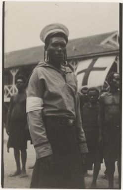 Native patrolman outside the hospital, Rabaul, New Guinea, 1914