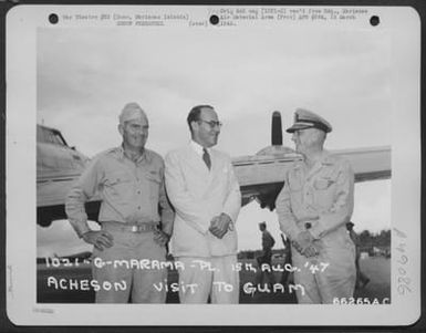 Upon His Arrival At Guam, Marianas Islands, Ambassador To Japan Acheson Is Greeted By Rear Admiral C. A. Pownell, Naval Governor Of Guam, And Major General Francis H. Griswold, Commanding General Of The Marianas And Bonin Islands Command. 15 August 1947. (U.S. Air Force Number 66265AC)