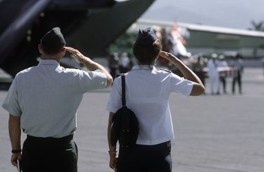 An Army and Air Force officer render a salute as the remains of 27 service members missing in action are carried from a C-141B Starlifter aircraft after being returned in the largest turnover of MIAs since meetings began with North Vietnam in 1981