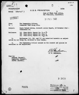 USS PRINCETON - Act Rep, Rep of Air Ops Nauru Is, 11/18/43