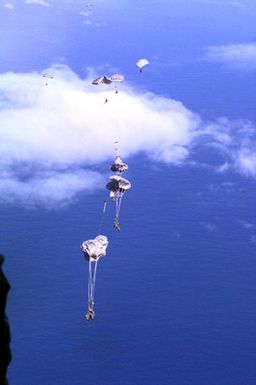 Rear view long shot from the rear entrance of a USAF C-130 Hercules Cargo aircraft (Not shown) at US Marines from Company A, 5th Reconnaissance Battalion, 3rd Marines, as they've just jumped from the plane with their MC5 Static Line Square Parachutes and 100-pound All-purpose Light Weight Individual Carrying Equipment (ALICE) packs to the ground after performing a 6-thousand foot combat jump during Force Reconnaissance Exercises over Andersen Air Force Base, Guam