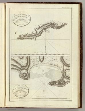 Plan d'une partie de l'Ile de Maouna, vue par les Fregates Francaises la Boussole et l'Astrolabe en Decembre 1787 ... Plan de l'Anse du Massacre, situee a la partie nord-ouest de Maouna, l'une des Iles des Navigateurs. Position des chaloupes et canots des Fregates Francaises au moment du Massacre du 11. Decembre 1787. L. Aubert script. Atlas du Voyage de la Perouse no. 65. (Paris: L'Imprimerie de la Republique, An V, 1797)