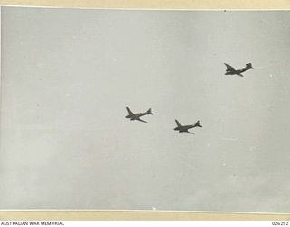 Papua, New Guinea. 1942-08. Douglas C47 Dakota aircraft flying in formation over New Guinea