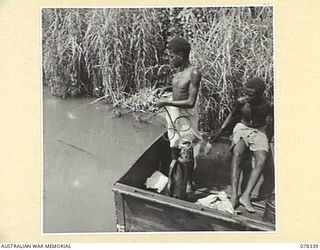 TOROKINA, BOUGAINVILLE ISLAND. 1945-01-17. NATIVES SPRAYING STAGNANT WATER IN A CREEK WITH A DDT DISPENSER FROM A FLAT BOTTOMED BOAT OF THE 2/1ST MALARIAL CONTROL UNIT