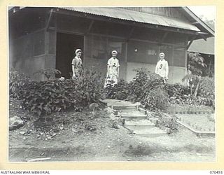 EGGY'S CORNER, PORT MORESBY AREA, PAPUA, 1944-02-19. VFX65915 SISTER M.L. LLOYD (1) WITH NFX70518 SISTER M.M. OLLIFFE (2) AND NFX281 SISTER THUMPSTON (3) SISTER-IN-CHARGE OF THE OFFICER'S WARD, ..