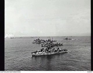 GUADALCANAL, BRITISH SOLOMON ISLANDS PROTECTORATE. C.1944. US NAVY LANDING CRAFT SUPPORT LCS-20, LCS-17, LCS-18, LCS-19, LCS-21 AND LCS-22 IN THE COURSE OF TRAINING OPERATIONS. ORIGINALLY LANDING ..