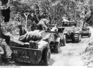 BOUGAINVILLE, 1945-04-05. TROOPS UNLOADING AMMUNITION FROM JEEP TRAILERS TOWED THROUGH FROM B ECHELON, 25TH INFANTRY BATTALION HQ TO BATTALION HQ AT SLATER'S KNOLL BY A MATILDA TANK, WHICH WAS ..