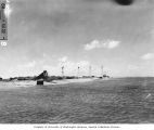 Steel towers on Amen Island used for automatic cameras during Operation Crossroads, 1947