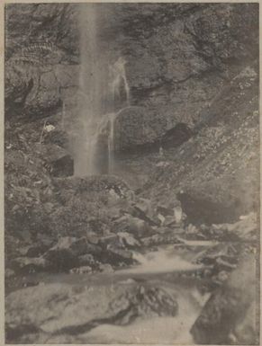 Waterfall on an island in the Pacific Ocean, approximately 1895, 1