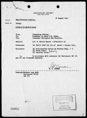 USS Dufilho - Reports of A/S action northwest of the Palau Islands, 8/4/45