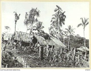 CAMP TAMKAIDAN, NEW BRITAIN. 1945-01-14. THE BUILDINGS OF HEADQUARTERS, ALLIED INTELLIGENCE BUREAU AT THE VILLAGE. PM TP[ TRUE - VERY HIGH, COLD, OPEN AND MADE TO APPEAR AS A NATIVE VILLAGE. NOTE ..