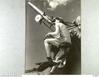 Pacific Area. c. 1942. An Australian artilleryman adjusting the sight on an anti aircraft gun