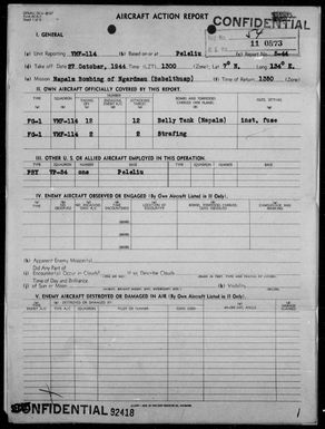 VMF-114 - ACA Form Rep #5-44 - Rep of Napalm Bombing of Babelthuap Is, Palau Is, 10/27/44