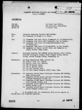 COMDESDIV 100 - Rep of Ops During the Carrier Air Strikes on the Palau & Philippine Is, 9/6-24/44