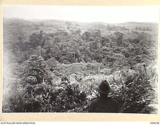 KUNAI RIDGE, NEW GUINEA, 1945-07-11. THE KULAURU MISSION, THE OBJECTIVE OF 8 AND 9 PLATOONS, A COMPANY, 2/5 INFANTRY BATTALION, VIEWED LOOKING EAST ACROSS THE YOIBI RIVER WHICH IS HIDDEN BY DENSE ..