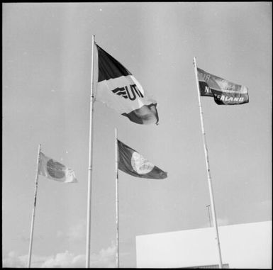 Flags on display at La Tontouta International Airport, New Caledonia, 1969 / Michael Terry