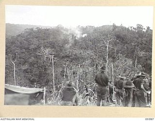 MOUNT SHIBURANGU, WEWAK, NEW GUINEA, 1945-07-12. "THE BLOT" VIEWED FROM THE SUMMIT BEFORE AN ATTACK BY A COMPANY, 2/8 INFANTRY BATTALION, WITH B COMPANY IN SUPPORT. THE ATTACK WAS LAUNCHED FROM ..