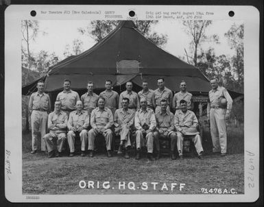 The Original Headquarters Staff, Of The 13Th Air Depot Group, Poses In Front Of The Commanding Officer'S Tent On New Caledonia. (U.S. Air Force Number 71476AC)