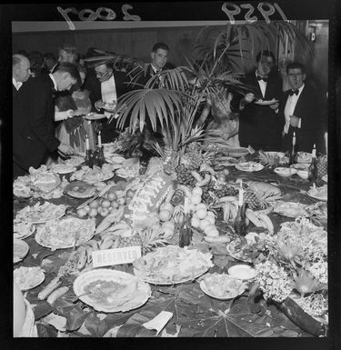 A Hawaiian buffet at Lower Hutt Plunket Society's Hawaiian Island Ball, including indentified guests