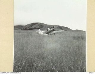 ZENAG PLATEAU, NEW GUINEA, 1944-02-27. UNITED STATES ARMY AIR FORCE "DAUNTLESS" DIVE BOMBER AFTER A FORCED LANDING ON THE ZENAG PLATEAU CAUSED BY ENGINE TROUBLE ON A RETURN FLIGHT TO THE WAU ..