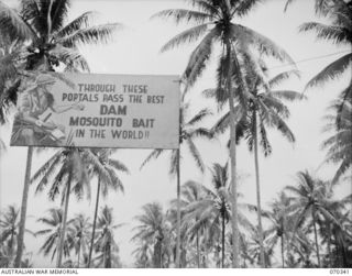MILNE BAY SUB AREA, NEW GUINEA, 1944-02-09. THIS NOTICE, HANGING ACROSS THE ENTRANCE TO THE RECEPTION AND GENERAL DETAILS DEPOT IS ONE OF A NUMBER ERECTED AT THE DEPOT TO MAKE MEN CONSCIOUS OF THE ..
