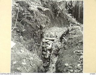 LAE, NEW GUINEA. 1944-09-08. ONE OF THE ANCHOR REVETTINGS FOR THE NEW SUSPENSION BRIDGES BEING BUILT OVER THE BUSU RIVER BY MEMBERS OF THE 20TH FIELD COMPANY