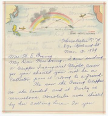 [Letter and first flight air mail cover addressed to Mrs. William E. Boeing, Seattle, Washington, from Clarice De Jarlais, Honolulu, Hawaii, March 13, 1939]