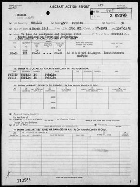 VMF-121 - ACA rep #52 â Bombing AA positions & various other installations on Koror & Arakabesan Is, Palau Is on 3/4/45