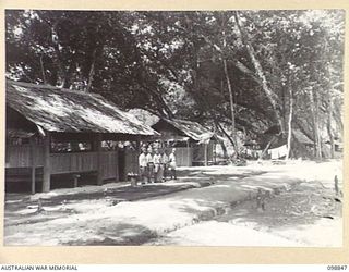 FAURO ISLAND, BOUGAINVILLE AREA. 1945-11-11. TROOPS OF NO. 9 JAPANESE AREA LINED UP FOR INSPECTION OUTSIDE THE OFFICE AND SLEEPING HOUSE OF COLONEL NAKAMURA, COMMANDER NO. 9 JAPANESE AREA. ..