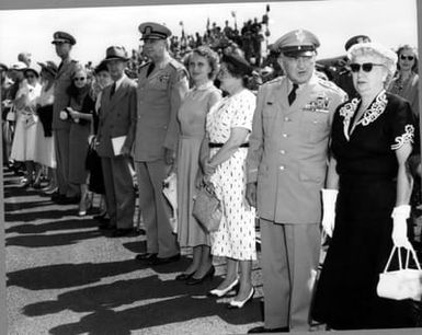 Bess Wallace Truman and Margaret Truman with other spectators during the commissioning ceremony at the Marine Corps Air Station, Kaneohe Bay, Hawaii