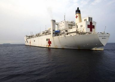 A quarter port stern view of the US Navy (USN) Military Sealift Command (MSC) Hospital Ship, USNS MERCY (T-AH 19), underway off the coast of Papua, New Guinea providing humanitarian assistance and focused medical care to the residents of the area. The MERCY is en route to its homeport after taking part in Operation UNIFIED ASSISTANCE, the humanitarian operation effort in response to the Tsunami that struck Southeast Asia