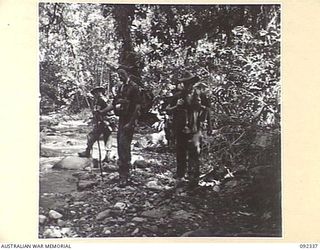 GAZELLE PENINSULA, NEW BRITAIN, 1945-05-14. TROOPS OF A COMPANY, 37/52 INFANTRY BATTALION, ON THE MARCH DURING THEIR TREK FROM RILE TO MAVELU, OPEN BAY