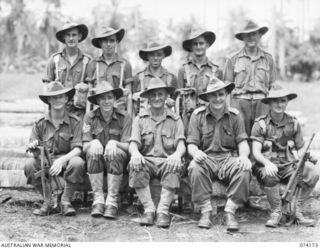 SIAR, NEW GUINEA. 1944-06-22. PERSONNEL OF COMPANY HEADQUARTERS, C COMPANY, 57/60TH INFANTRY BATTALION. IDENTIFIED PERSONNEL ARE:- PRIVATE J.T. ORCHARD (1); VX84559 LANCE CORPORAL J. CLAY (2); ..