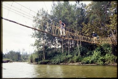 Viv Whitaker crossing vine swingbridge