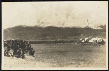 The camp at Wahgi and a plane that brought fresh supplies for the party - the first contact after leaving Bina Bina, Central New Guinea, 1933