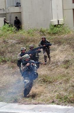 With a variety of Infantry weapons, US Marine Corps (USMC) Marines from 3rd Platoon (PLT), Fox Company, 2nd Battalion (BN), 4th Marine Regiment (MAR RGT), Marine Corps Base (MCB) Camp Pendleton, California (CA), conduct urban terrain combat training. The training is taking place in a former US Air Force (USAF) housing area near Anderson Air Force Base (AFB), Guam, during joint Exercise TANDEM THRUST 2003