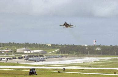 A US Air Force (USAF) F-15 Eagle fighter, 67th Fighter Squadron (FS), Kadena Air Base (AB), Okinawa, takes off at Andersen Air Force Base (AFB), Guam, in support of Exercise COPE NORTH. COPE NORTH is an exercise where troops from the US Air Force (USAF), US Navy (USN), and US Marine Corps (USMC) Marines train with troops from the Japanese Air Self Defense Force (JASDF)