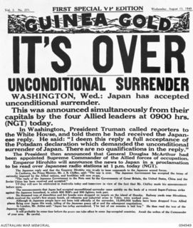 LAE AREA, NEW GUINEA. 1945-08-15. A COPY OF THE FIRST SPECIAL VICTORY PACIFIC EDITION OF "GUINEA GOLD", THE NEWSPAPER PRODUCED FOR TROOPS