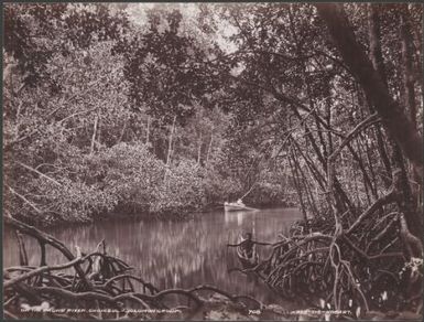 A boat and a canoe on the Pachu River, Choiseul, Solomon Islands, 1906 / J.W. Beattie