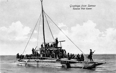 People on board a Samoan war canoe