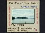 Fly River, where it resembles a series of lakes, third day up from Daru, [Papua New Guinea], c1958