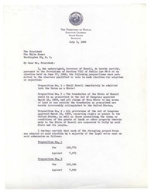 Letter, Governor William Quinn to President Dwight D. Eisenhower Regarding Propositions Submitted to Electors