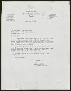 [Letter from Anthony Hall to Barbara Jordan - October 8, 1973]