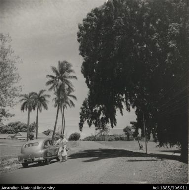 Tennis player standing by car