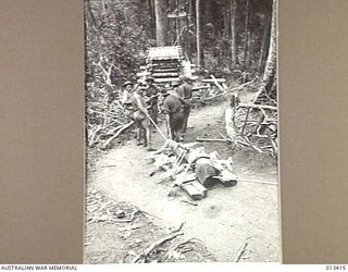 PAPUA. 1942-10-09. REPORTS FROM NEW GUINEA TELL OF THE SPLENDID PART PLAYED BY AUSTRALIAN ARTILLERY UNITS IN RECENT OPERATIONS AGAINST THE JAPANESE. THIS PICTURE GIVES SOME INDICATION OF THE ..