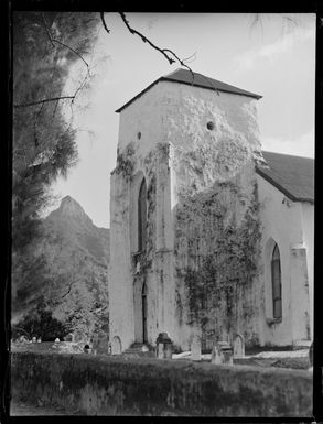 SMS Church, now known as Cook Island Christian Church (CICC), Avarua, Rarotonga, Cook Islands, shows close up of tower