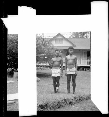 Two men in patterned laplaps, New Guinea, ca. 1936 / Sarah Chinnery