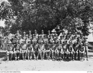 LAKONA, NEW GUINEA, 1944-03-29. OFFICERS OF THE 30TH INFANTRY BATTALION, 8TH INFANTRY BRIGADE. LEFT TO RIGHT, BACK ROW: QX40919 LIEUTENANT (LT) W. P. WELLS; NX121848 LT E. A. BEATTIE; NX124564 LT ..