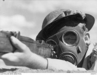 TOWNSVILLE, QLD. 1942-11. "GUINEA PIGS" TAKING PART IN A GAS SHELL DEMONSTRATION SHOOT BY 5TH FIELD REGIMENT, ROYAL AUSTRALIAN ARTILLERY, FIRING ON AN IMPROVISED RANGE AFTER THE GAS SHOOT. THE ..